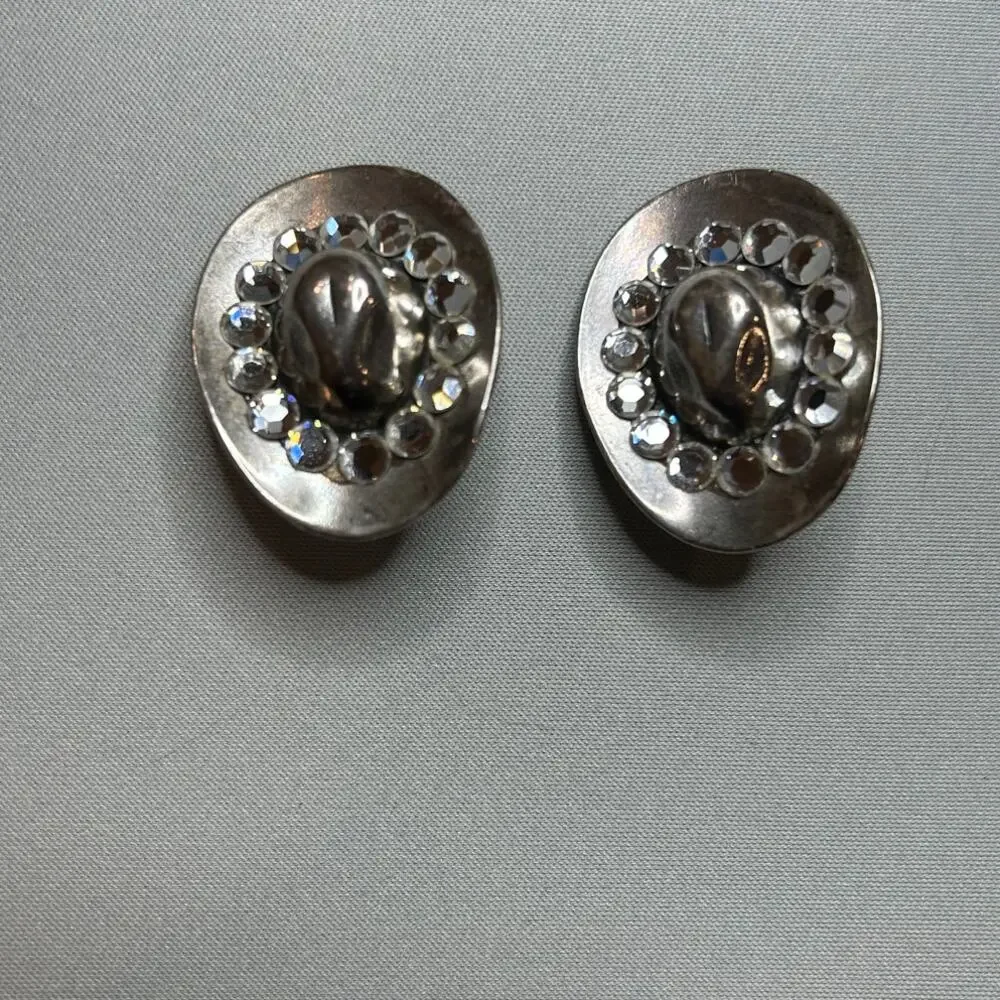 Cowboy Hat silver tone rhinestone adorned clip on earrings